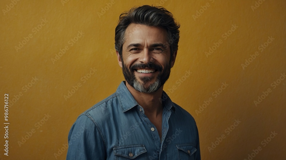 Fototapeta premium A confident, handsome man in a black shirt poses seriously in a studio, showcasing a cool and casual business lifestyle