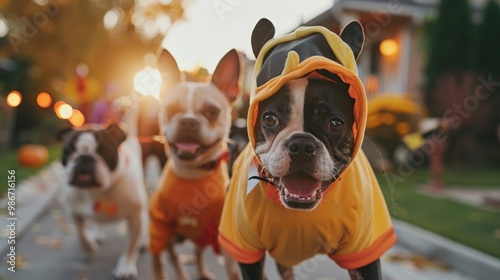 Group of dogs dressed in Halloween costumes, featuring a French Bulldog in a bee outfit leading the pack on a neighborhood street decorated with pumpkins. Halloween, spooky, haunted concept. photo