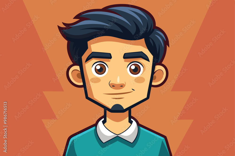 A young man with dark hair and a cheerful smile appears in a vibrant cartoon style illustration, Customizable cartoon illustration synced. A young man with dark hair and a cheerful smile appears in a vibrant cartoon style illustration, Customizable cartoon illustration synced.
