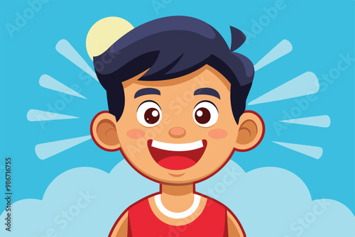 A cheerful boy in a red shirt smiles brightly, surrounded by a sunny sky and fluffy clouds, Customizable cartoon illustration that brings happiness.