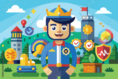 A cheerful cartoon character in a royal uniform stands in a colorful setting with interactive elements around, Customizable cartoon illustration that promotes brand loyalty.