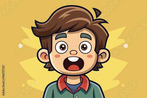 A cheerful boy with an astonished expression enjoys a moment of surprise in a vibrant setting, Customizable cartoon illustration that surprises.