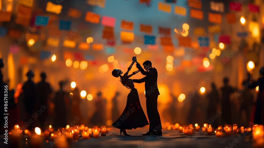 Fototapeta premium A pair of skeletons dance joyfully, surrounded by glowing candles and festive colors. The background appears hazy with lively energy, evoking celebration.. Day of The Dead Concept