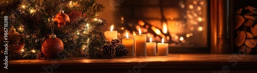 Cozy Christmas scene with glowing candles, a decorated tree, and a warm fireplace, perfect for holiday warmth and celebration.