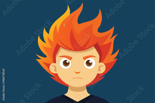 A cartoon character with vibrant, fiery hair stares confidently against a cool backdrop, ready for adventure, Customizable cartoon illustration with fiery hair.