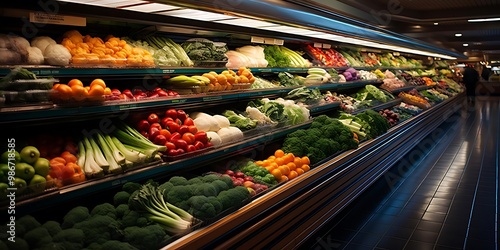 A vibrant display of fresh fruits and vegetables in a grocery store.