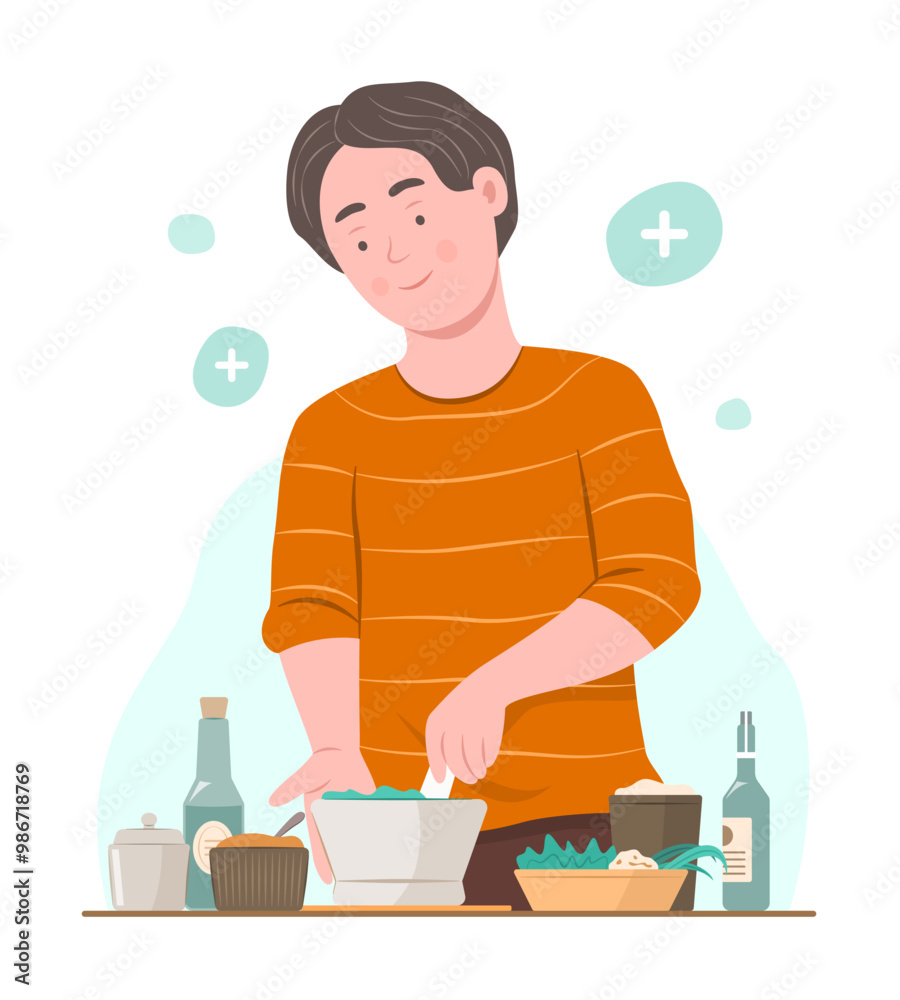 Young Man Mixing Herbs and Other Organic Remedies to Make Herbal Medicine for Homeopathy Concept Illustration Young Man Mixing Herbs and Other Organic Remedies to Make Herbal Medicine for Homeopathy Concept Illustration