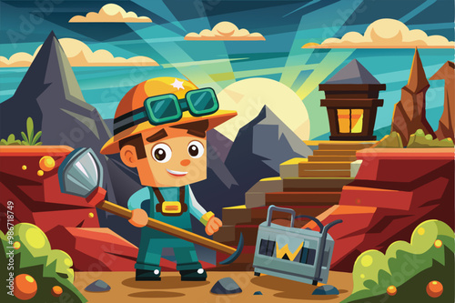 A cheerful young miner digs in a colorful mountainous area at sunset, full of treasures and adventure, Customizable cartoon illustration with hidden mining.