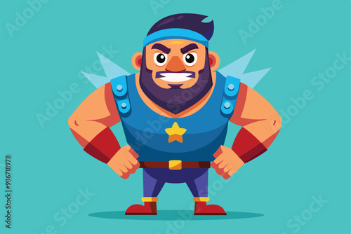 This illustration features a muscular cartoon hero with a determined look and a colorful outfit, poised for adventure, Customizable cartoon illustration with high self-esteem. photo