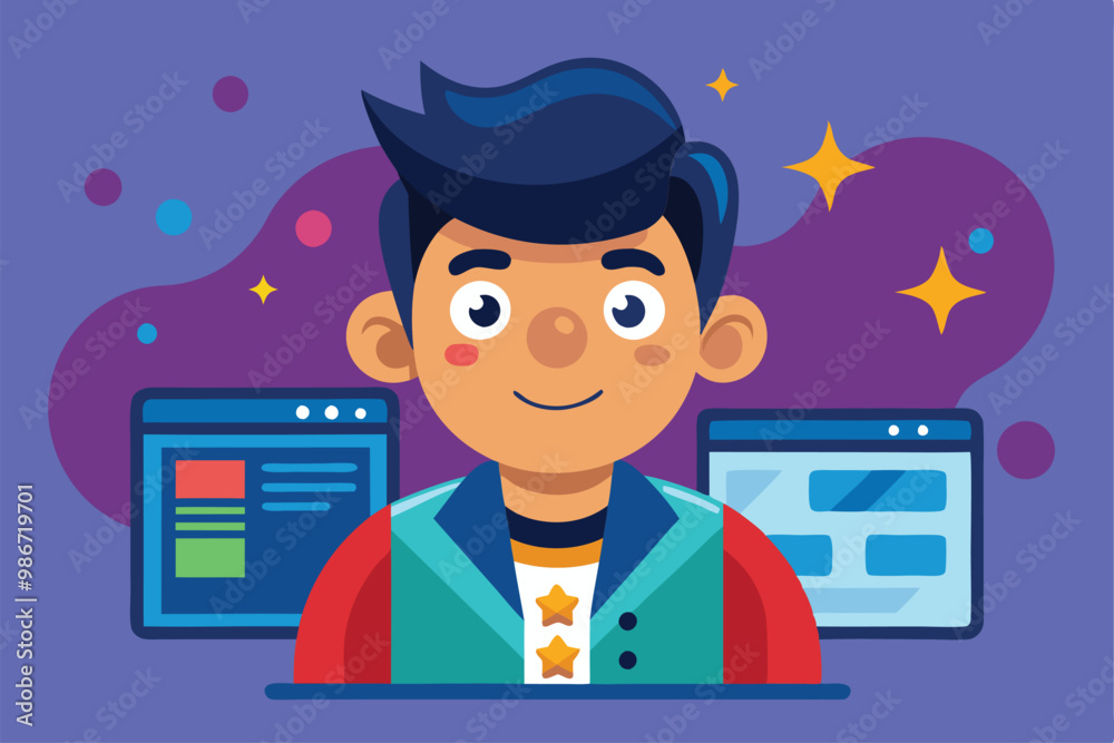 A cheerful boy with a colorful outfit smiles while working on his computer in a bright environment, Customizable cartoon illustration with oversight A cheerful boy with a colorful outfit smiles while working on his computer in a bright environment, Customizable cartoon illustration with oversight