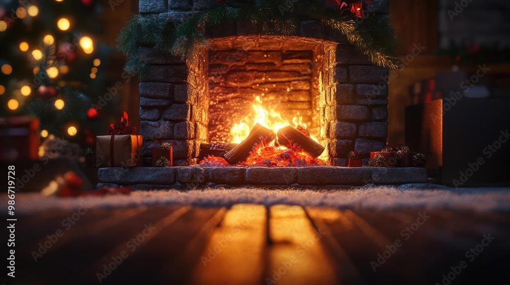 A cozy fireplace surrounded by festive decorations, radiating warmth and holiday spirit, perfect for winter ambiance. A cozy fireplace surrounded by festive decorations, radiating warmth and holiday spirit, perfect for winter ambiance.