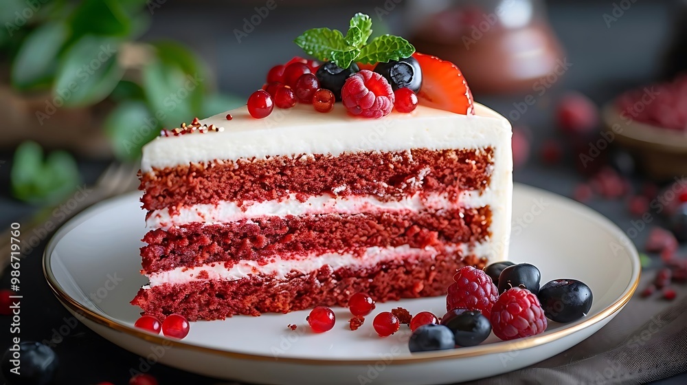 custom made wallpaper toronto digitalA delicious slice of red velvet cake topped with berries and mint on a plate.