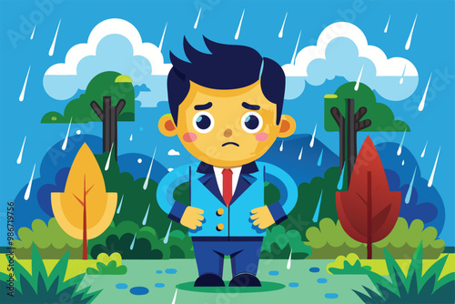 A boy in a suit stands sadly under the rain, surrounded by vibrant trees and colorful foliage, Customizable cartoon illustration with rain.