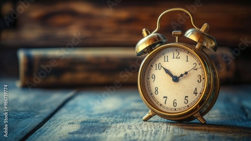 Vintage brass alarm clock with bell on rustic wooden table