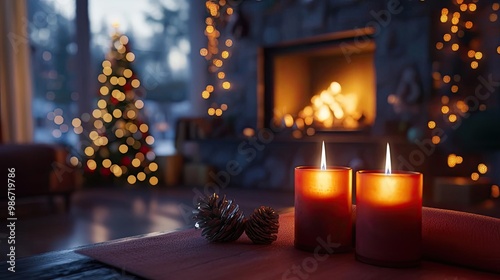 Warm and cozy living room with glowing candles, festive tree, and a crackling fireplace, perfect for holiday ambiance.