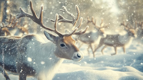 A serene winter scene featuring a close-up of a reindeer surrounded by falling snow and a herd in the background.