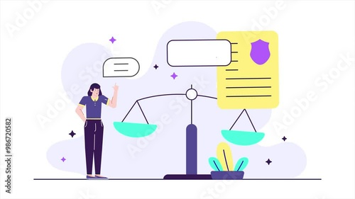 A digital representation of legal concepts featuring scales of justice and a document emphasizing balance and law animated video