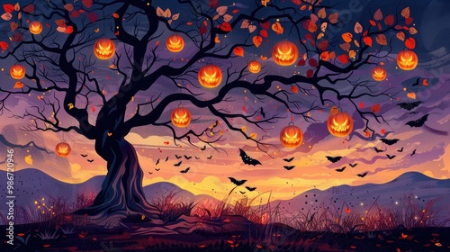 Dramatic landscape with a spooky autumn tree its branches adorned with glowing pumpkin lanterns and fluttering bats set against a mysterious moonlit sky with a haunting otherworldly atmosphere