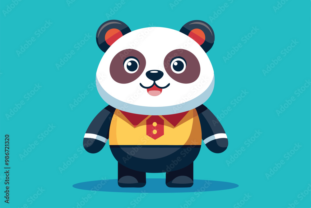 A cheerful panda character in a yellow shirt stands against a bright blue background, ready for customization, Customizable cartoon illustrations featuring pandas. A cheerful panda character in a yellow shirt stands against a bright blue background, ready for customization, Customizable cartoon illustrations featuring pandas.