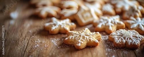 Deliciously decorated snowflake cookies on a rustic wooden table, perfect for the holiday season and festive baking.
