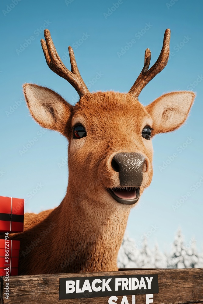 Reindeer pulling a sleigh filled with Black Friday sale items, winter landscape, 3D illustration, with word Reindeer pulling a sleigh filled with Black Friday sale items, winter landscape, 3D illustration, with word