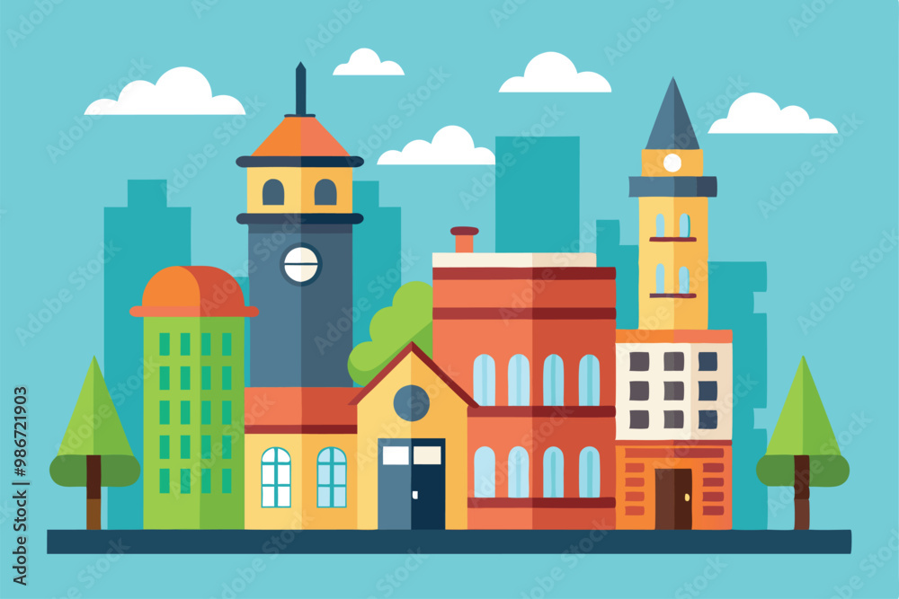 Colorful buildings arranged in a playful way, creating a lively city atmosphere with trees and blue sky, Customizable cartoon illustrations for buildings. Colorful buildings arranged in a playful way, creating a lively city atmosphere with trees and blue sky, Customizable cartoon illustrations for buildings.