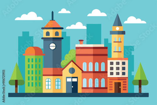 Colorful buildings arranged in a playful way, creating a lively city atmosphere with trees and blue sky, Customizable cartoon illustrations for buildings.