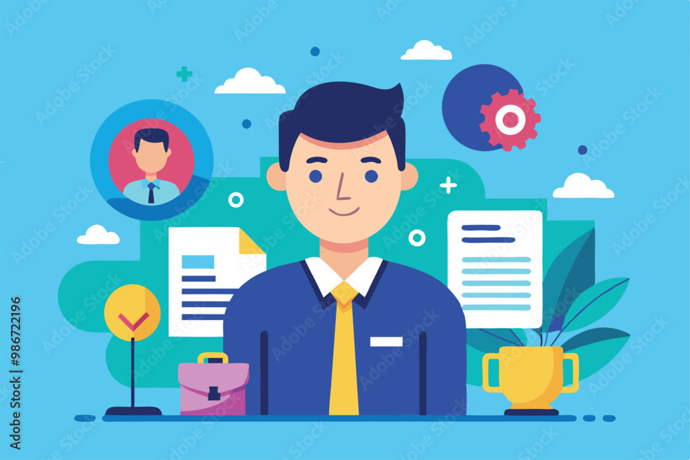 A professional character is depicted in an office environment, highlighting customizable business illustrations, Customizable cartoon illustrations for businesses A professional character is depicted in an office environment, highlighting customizable business illustrations, Customizable cartoon illustrations for businesses