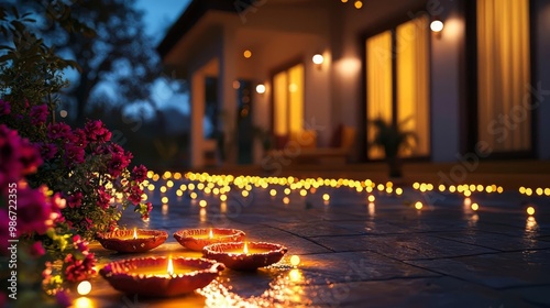 Diwali Indian Indian home, Diwali decorations and fairy lights, 3D illustration