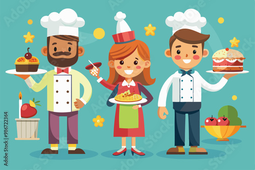 Chefs showcase delectable treats including desserts and savory dishes in a cheerful catering environment, Customizable cartoon illustrations for catering services.