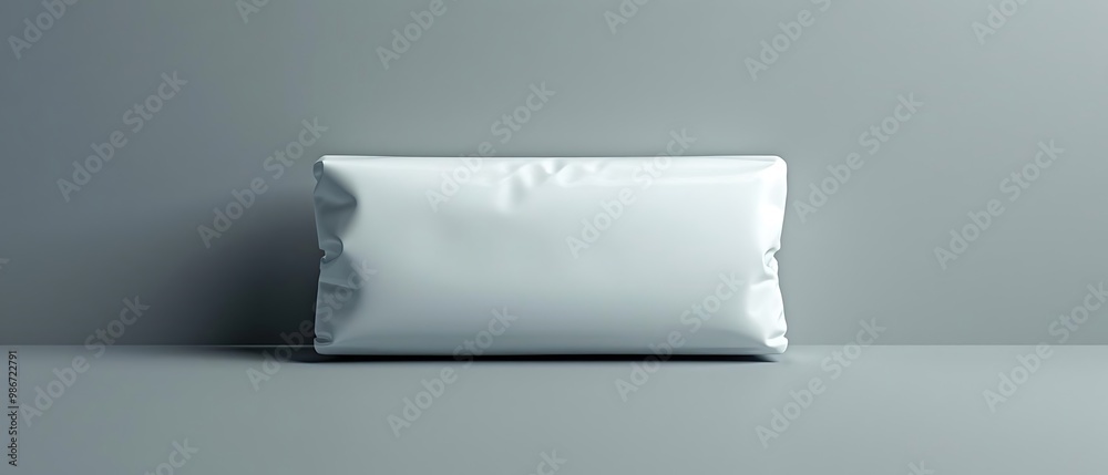 A plain white rectangular pillow on a minimalistic gray surface. A plain white rectangular pillow on a minimalistic gray surface.