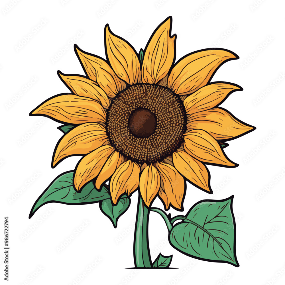 Fototapeta premium Design element, vector icon, yellow sunflower flower on white backdrop. Ukrainian yellow flower.