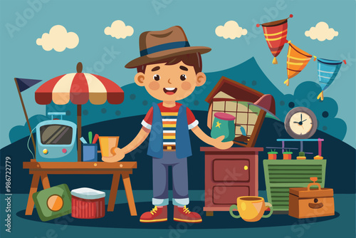 A cheerful cartoon character stands at a lively flea market, showcasing various unique items and crafts, Customizable cartoon illustrations for flea markets.