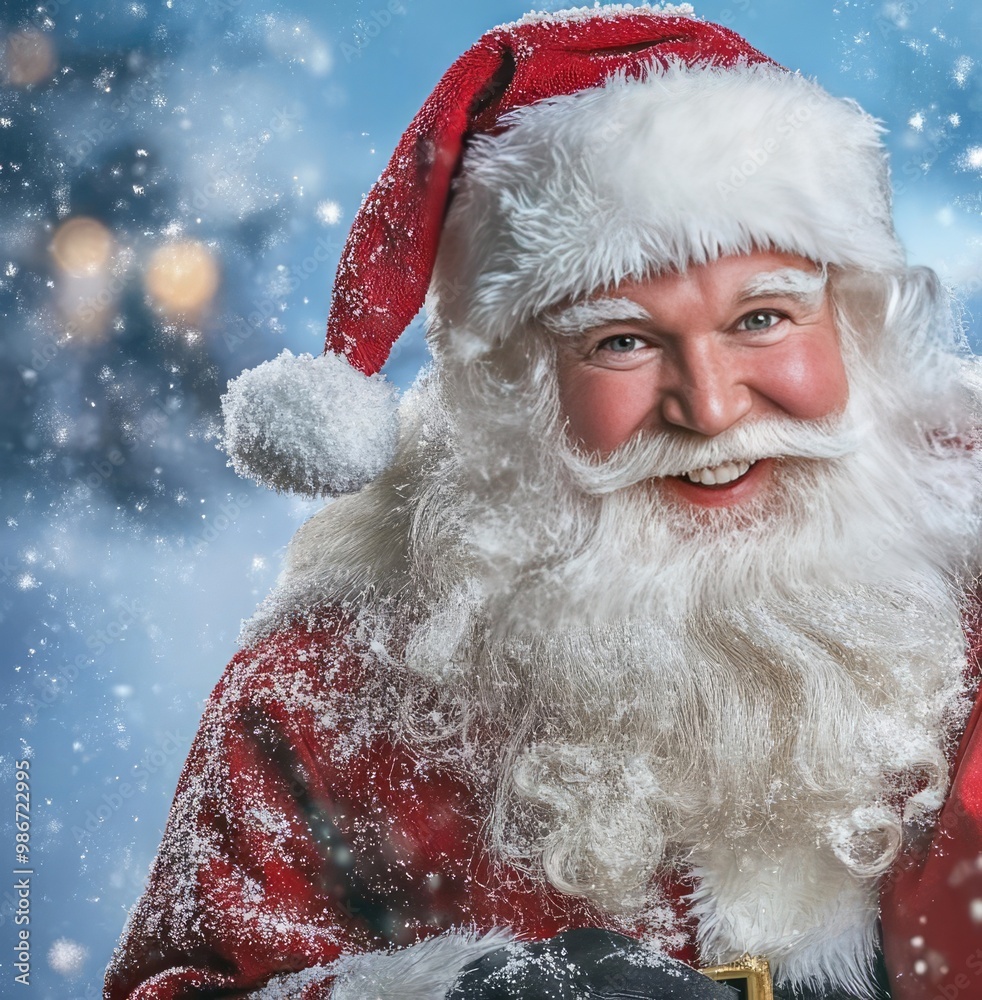 Cheerful Santa Claus smiles while holding a red sack against a snowy winter backdrop, embodying the spirit of Christmas joy. Cheerful Santa Claus smiles while holding a red sack against a snowy winter backdrop, embodying the spirit of Christmas joy.