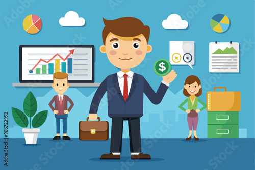 A cartoon character in business attire holds money while colleagues support in a vibrant office setting, Customizable cartoon illustrations for investor presentations.