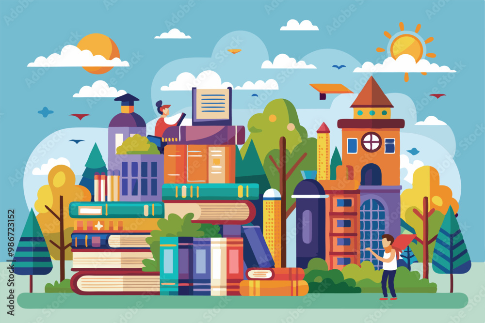 Fototapeta premium A lively library landscape features stacked books, whimsical buildings, and people enjoying reading outdoors, Customizable cartoon illustrations for libraries.