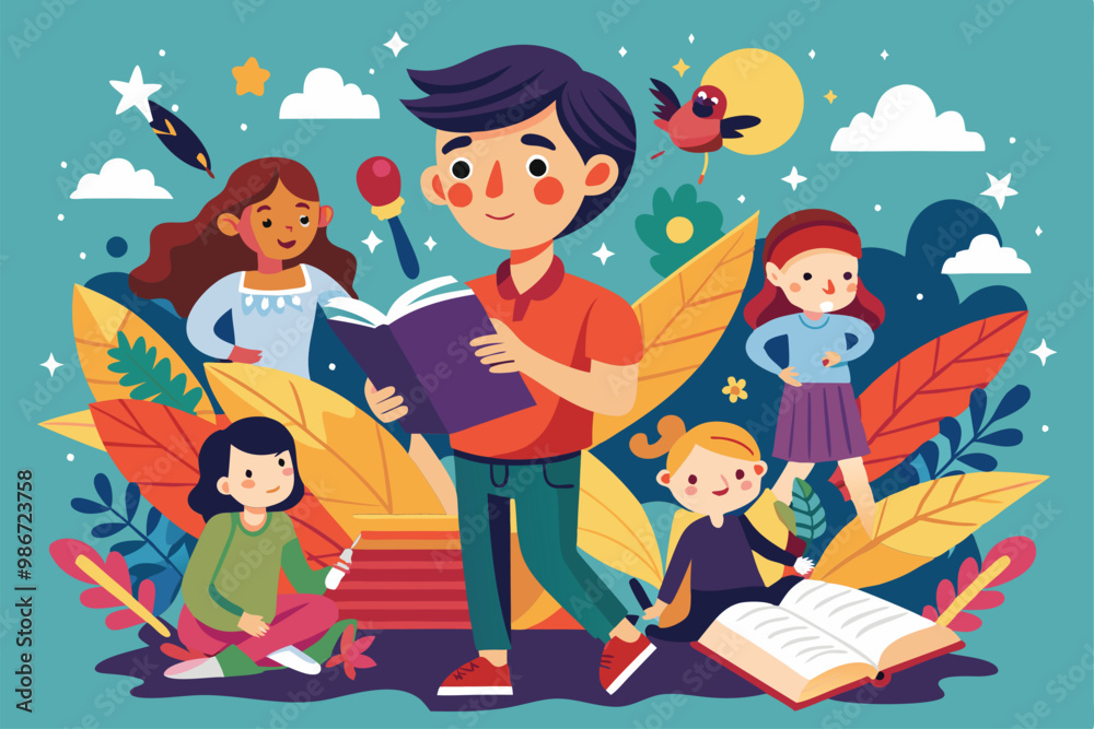 Fototapeta premium Children joyfully engage with poetry books surrounded by vibrant leaves and a sunny sky, Customizable cartoon illustrations for poetry.