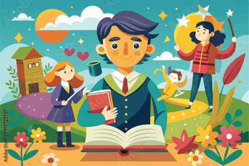 A colorful illustration shows a young man holding a book surrounded by imaginative friends in a garden, Customizable cartoon illustrations for poetry.