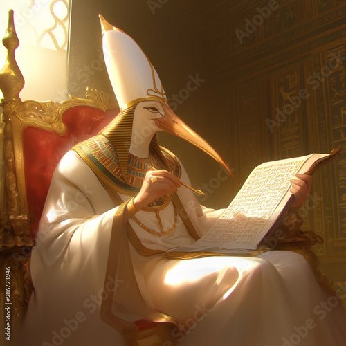 Thoth, the ancient Egyptian god of knowledge and wisdom studying sacred texts in a sunlit chamber photo