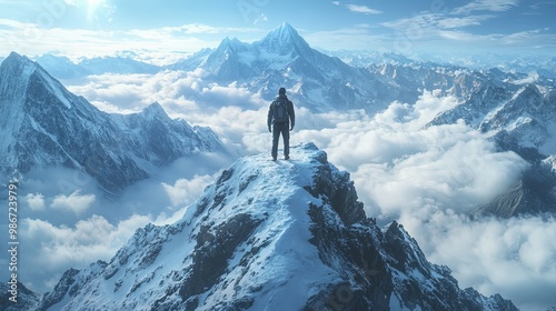 Hiker on snow-covered ridge surrounded by clouds, adventure and challenge