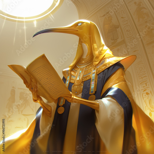 Thoth, the ancient Egyptian god with a bird-like head reads an ancient text inside a temple photo