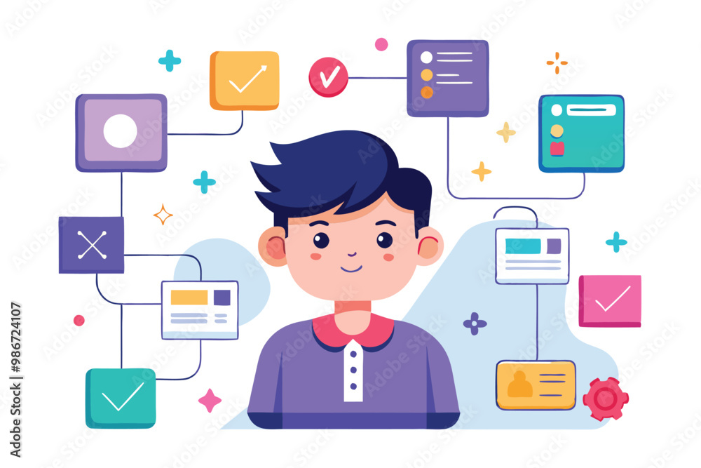 A character is surrounded by colorful icons and graphs representing user flow and digital interactions, Customizable cartoon illustrations for user flow. A character is surrounded by colorful icons and graphs representing user flow and digital interactions, Customizable cartoon illustrations for user flow.
