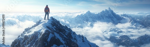 Hiker on snow-covered ridge surrounded by clouds, adventure and challenge