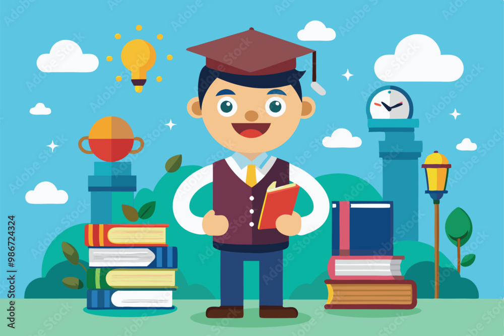 A cheerful student in a graduation cap stands in front of books and educational symbols, ready to learn, Customizable cartoon illustrations for your thesis. A cheerful student in a graduation cap stands in front of books and educational symbols, ready to learn, Customizable cartoon illustrations for your thesis.