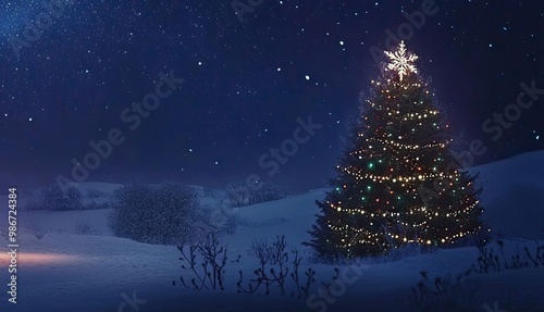 A magical winter scene featuring a sleigh, reindeer, and a beautifully decorated Christmas tree under the starry night sky. photo