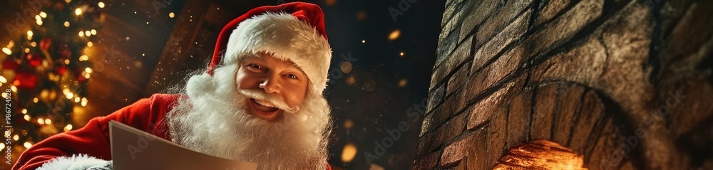 Santa Claus joyfully reading a letter by a cozy fireplace with a decorated Christmas tree in the background, celebrating the holiday spirit. Santa Claus joyfully reading a letter by a cozy fireplace with a decorated Christmas tree in the background, celebrating the holiday spirit.