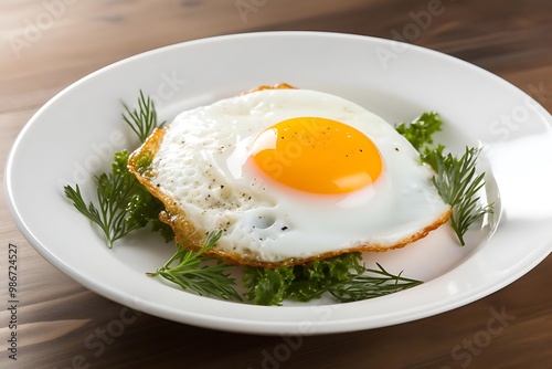 A sunny-side-up egg served on a plate with greens, showcasing a simple yet appealing dish.