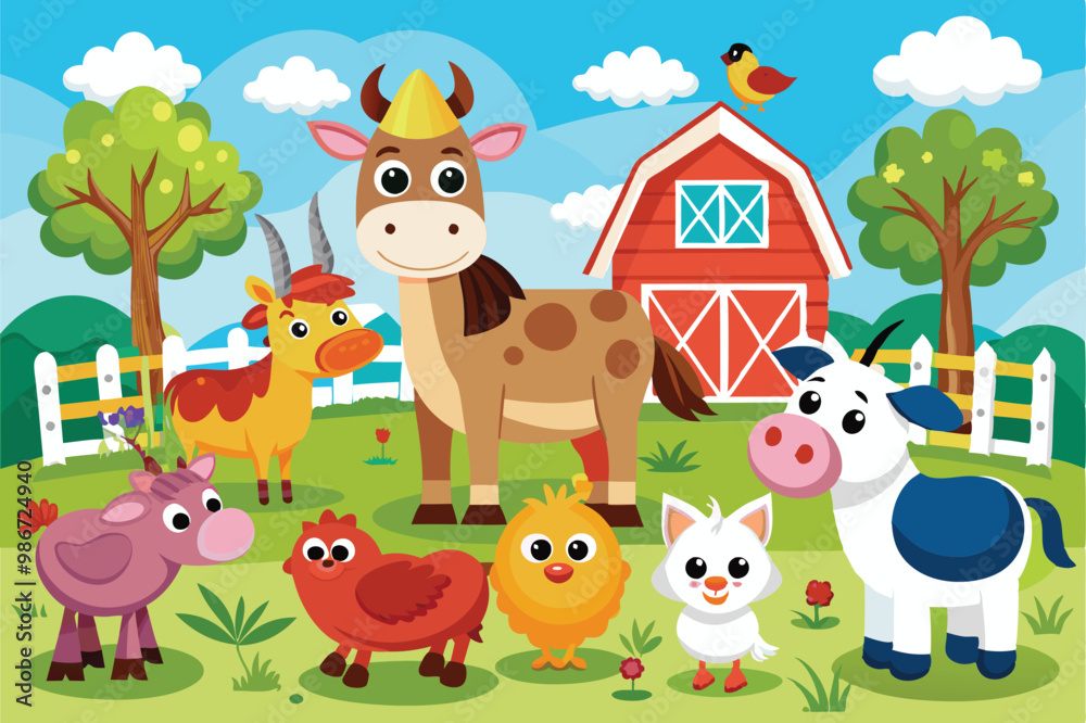 Cartoon-style farm animals gather happily near a red barn under a bright blue sky with fluffy clouds, Customizable cartoon illustrations of farm animals. Cartoon-style farm animals gather happily near a red barn under a bright blue sky with fluffy clouds, Customizable cartoon illustrations of farm animals.