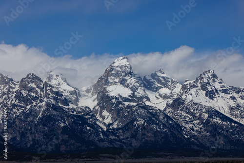 View of snow covered Teton mountains in Grand Teton, National Park, Wyoming, USA