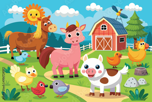 Cheerful farm animals like cows, pigs, and chickens enjoy a sunny day in a colorful countryside setting, Customizable cartoon illustrations of farm animals.